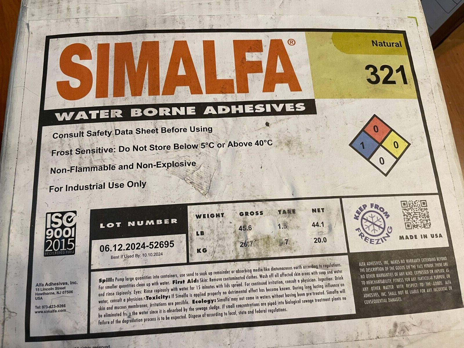 5 GALLON SIMALFA WATER BOURNE ADHESIVES NATURAL 321