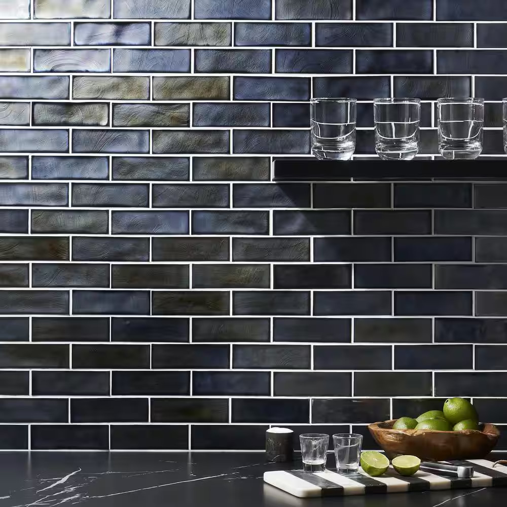 Glamor Iridescent Night Black 11.81 In. X 11.81 In. Polished Glass Wall Mosaic T