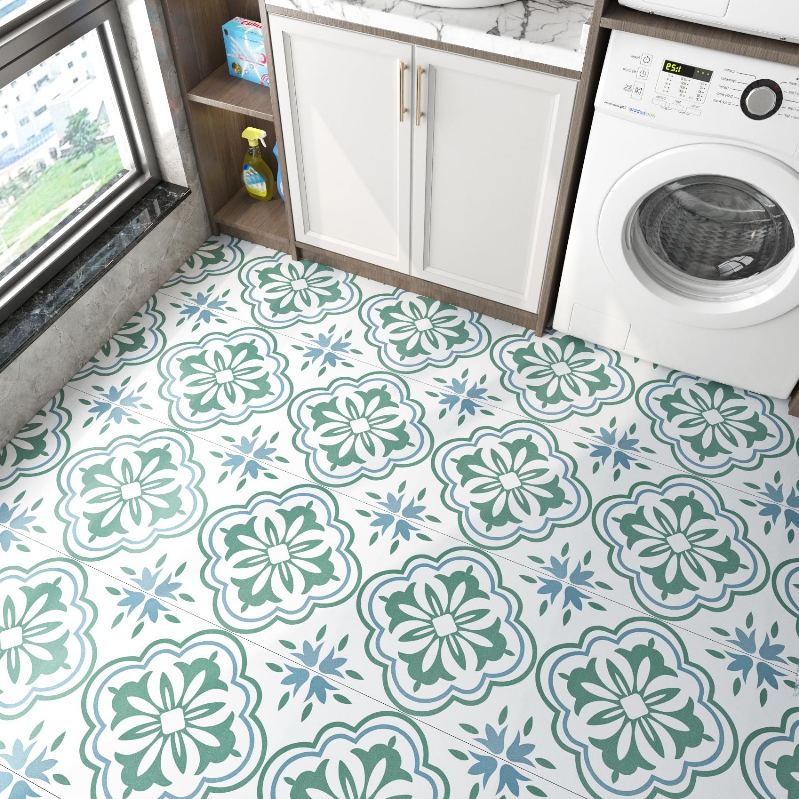 Waterproof Peel and Stick Floor Tiles – Sage Green & Blue Boho Floral Design, PV