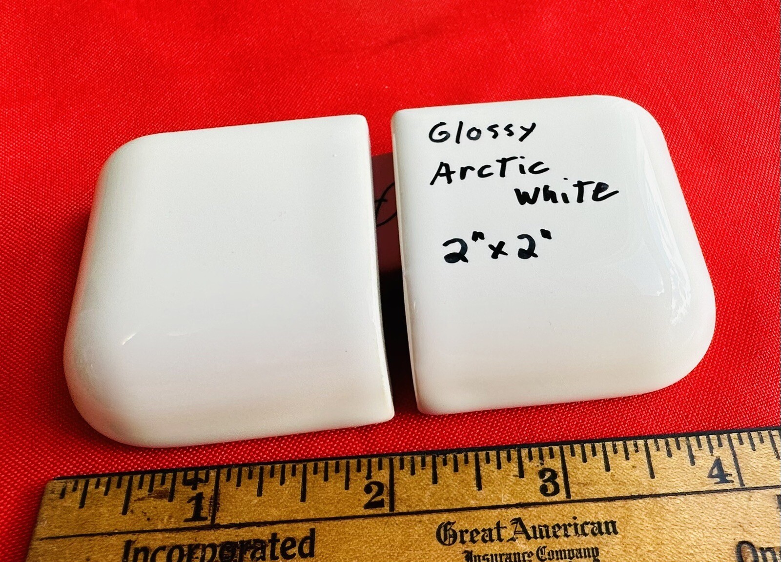 2 pcs. Glossy Arctic White: 2″ X 2″ Ceramic Radius Corner Bullnose Tiles, New