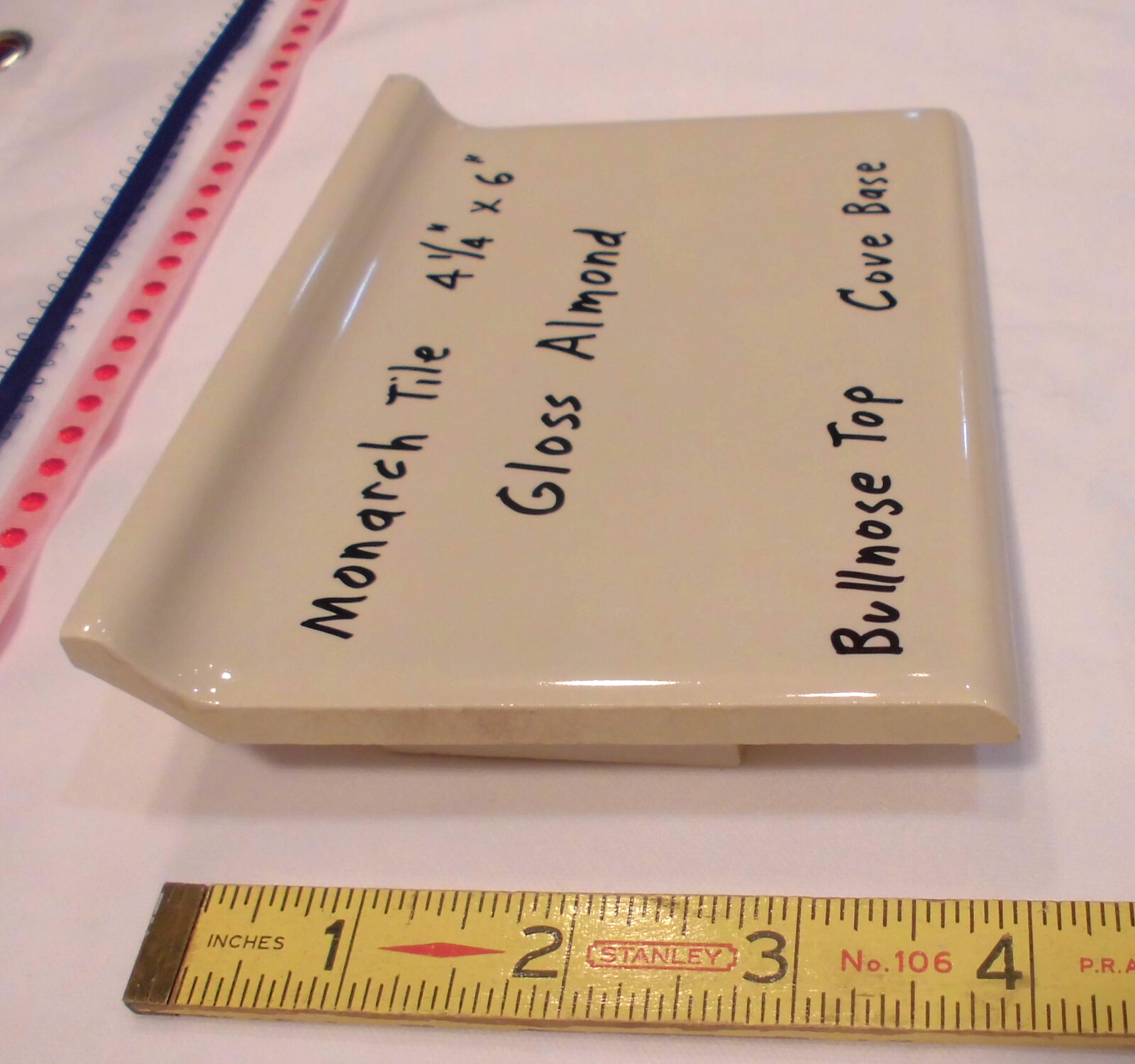 1 pc. Gloss Almond: Bullnose Top Cove-Base Ceramic Tile: 6″ X 4-1/4″ Monarch Co.