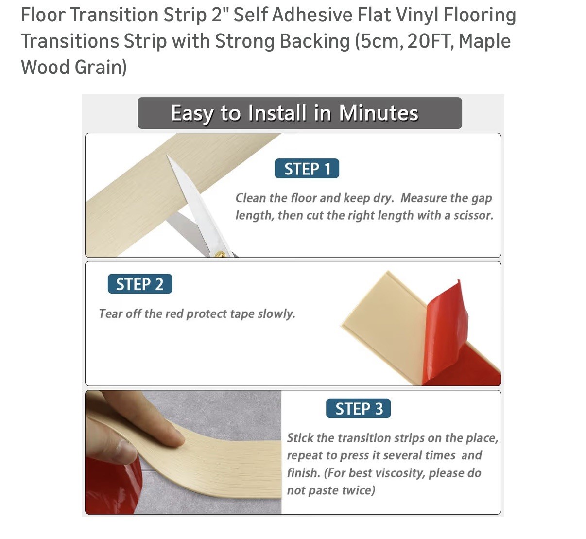 Floor Transition Strip 2” Self Adhesive Flat Vinyl . 5cm, 20Ft. Maple Wood Grain