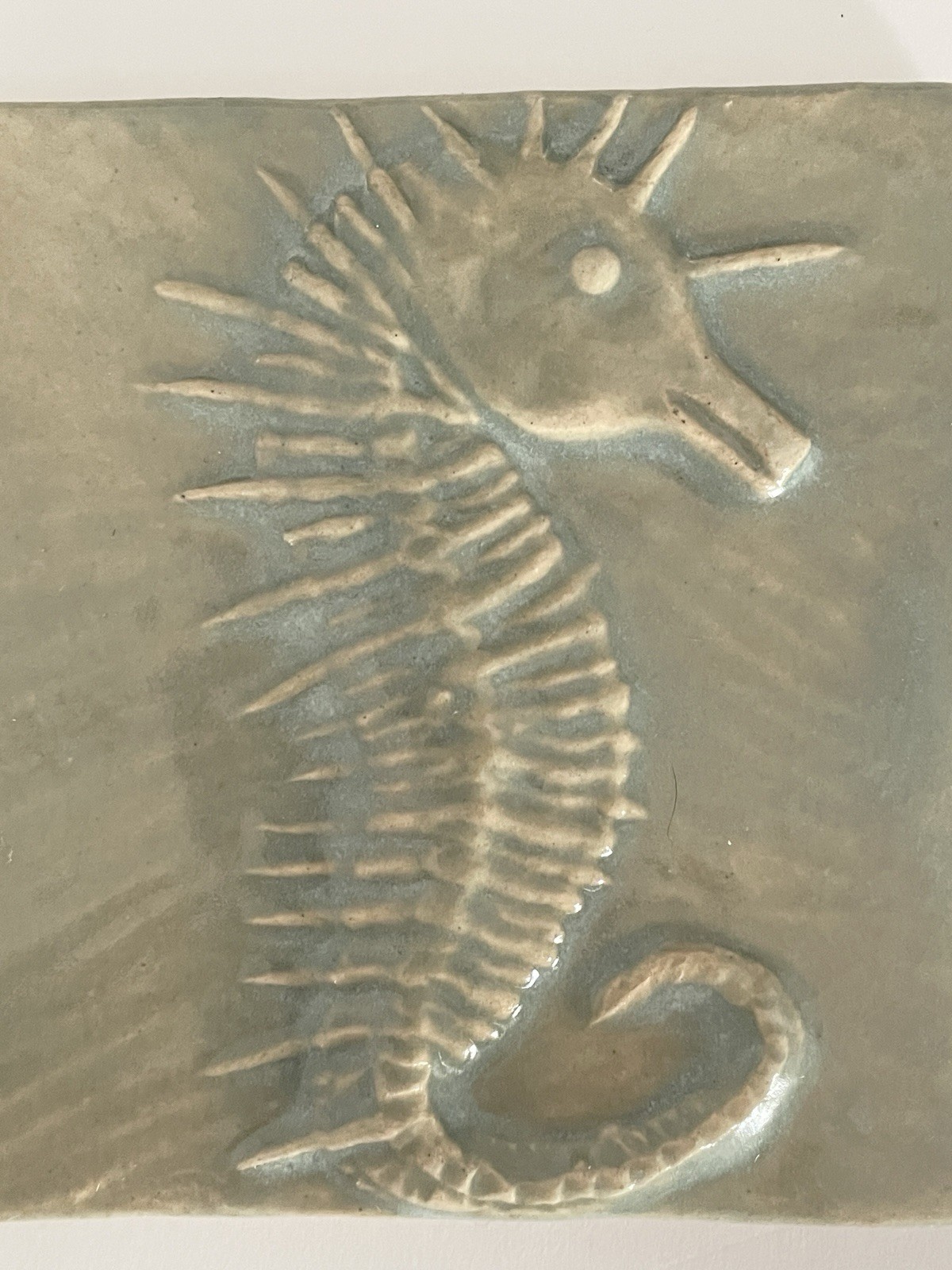 HANDMADE 4” X 4” EMU CELADON GLAZED SEAHORSE CERAMIC TILE ~ KENT, OHIO