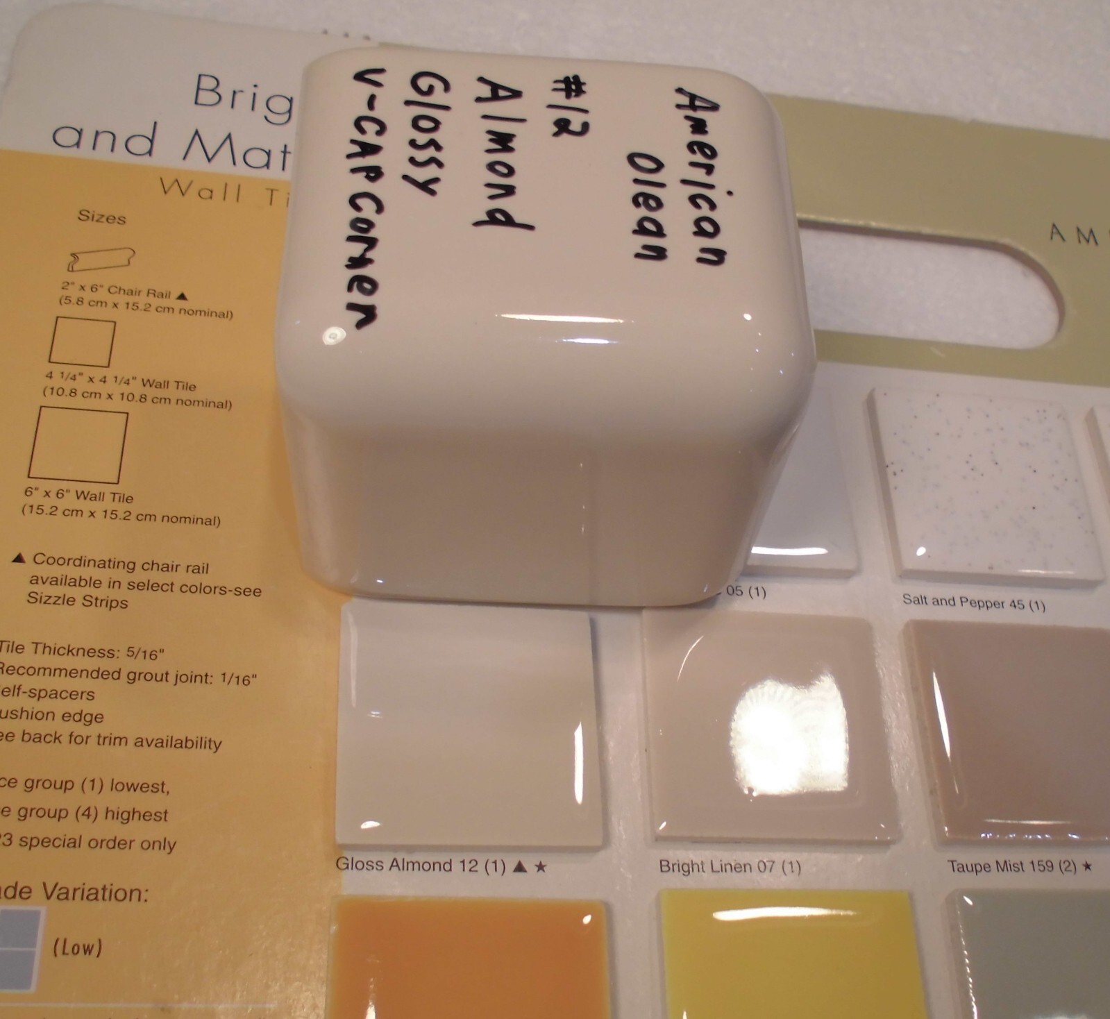 1 pc. Gloss Almond: #12: V Cap Corner Ceramic Trim Tile: Counter Edging, A.O.
