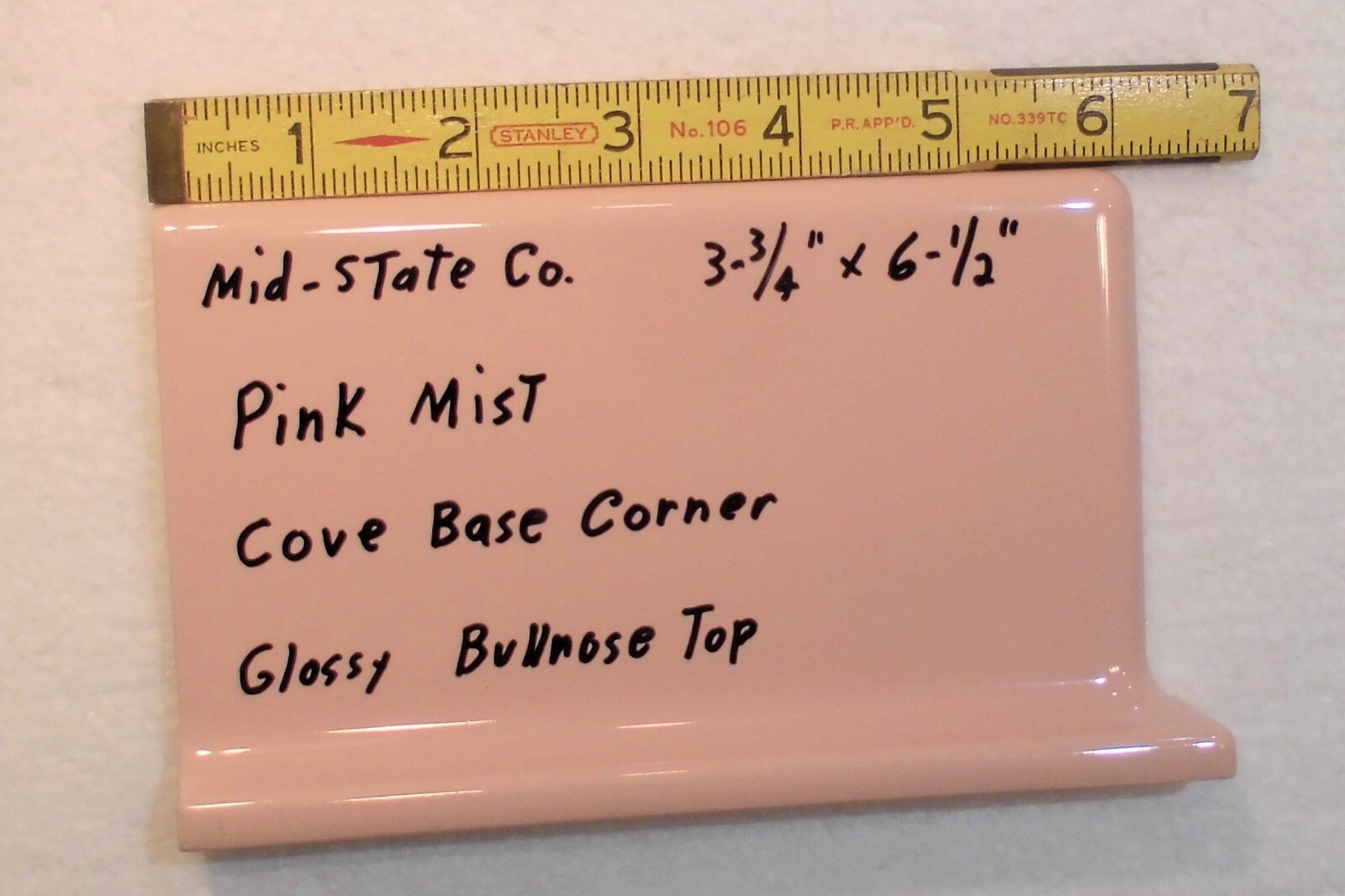 1 pc. *Pink Mist* Finish Corner Bullnose Top cove/base Ceramic Tile 3.75″ X 6.5″