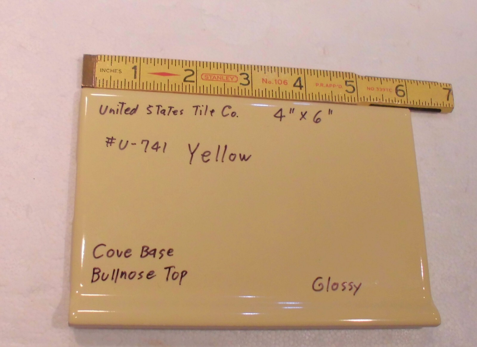 1 pc. Bright Yellow: Cove Base Ceramic Tile: Bullnose Top, Glossy 4″ X 6″ NEW