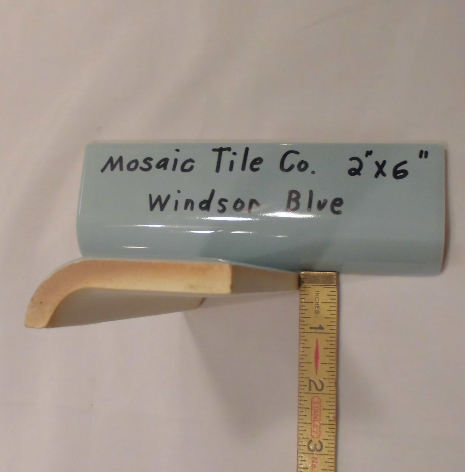 1 pc. Windsor Blue: 2″ X 6″ Glossy Ceramic Bullnose Radius Tile by Mosaic Co.