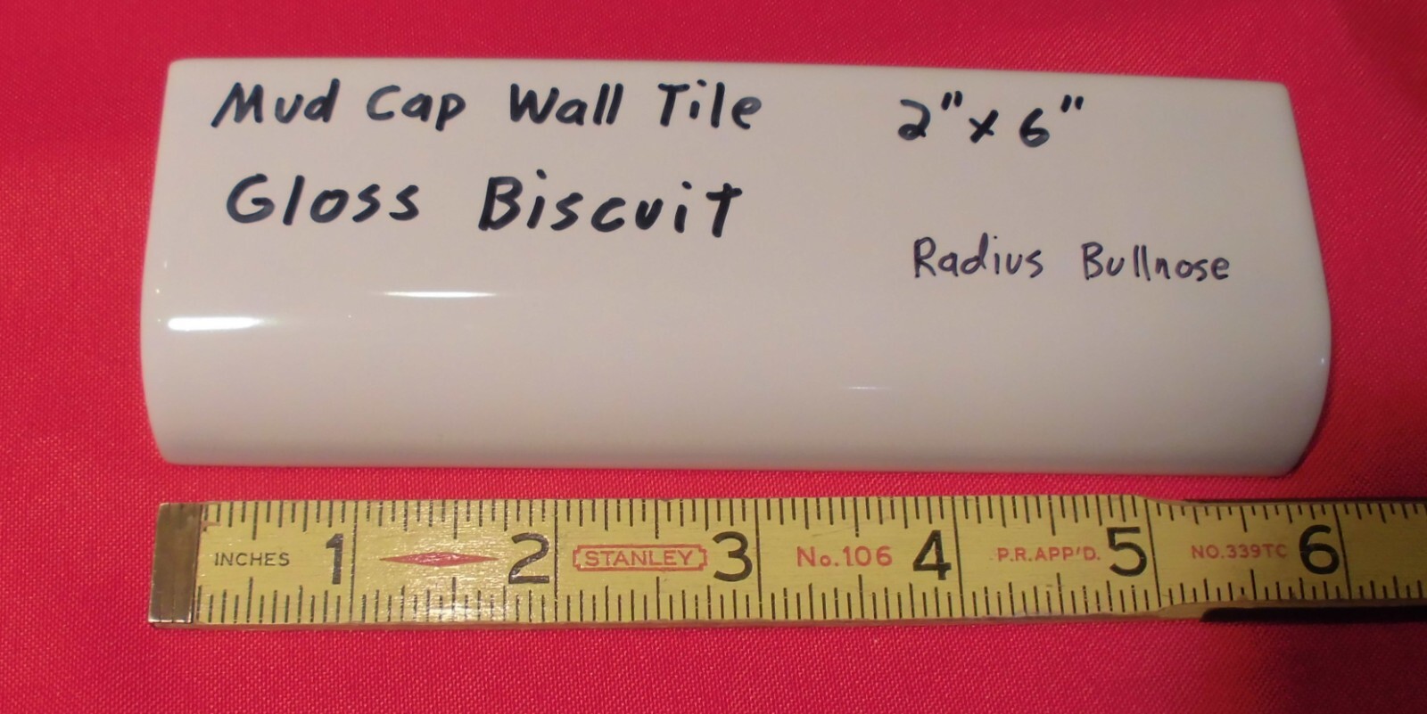 1 pc. Gloss Biscuit: 2″ X 6″ X 3/4″ Ceramic Radius Bullnose Tiles, Mud Caps, New