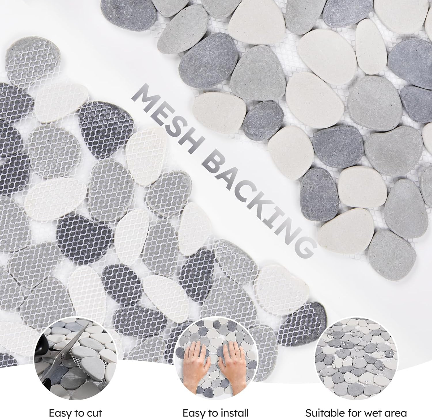 Pebble Tile for Shower Floor, Gray and White Oval, 5 Sheets, Pebble Backsplash f