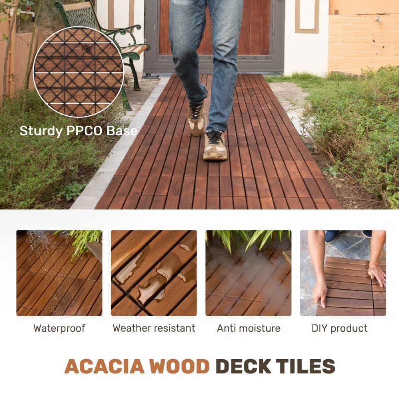 12×12″ Acacia Hardwood Interlocking Deck Tiles, Striped Pattern, Outdoor