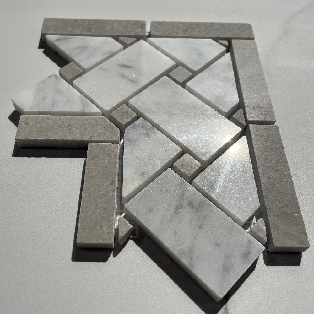 C653CXP Carrara White Marble 4×4 Basketweave Mosaic Corner Gray Dots Polished