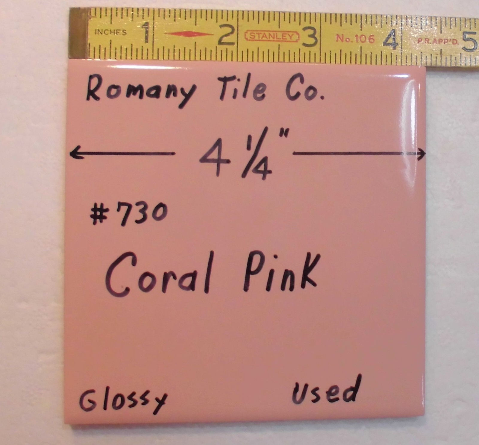 1 pc. Coral Pink #730 by Romany Tile Co. 4-1/4″ Glossy Ceramic from 1940’s Used