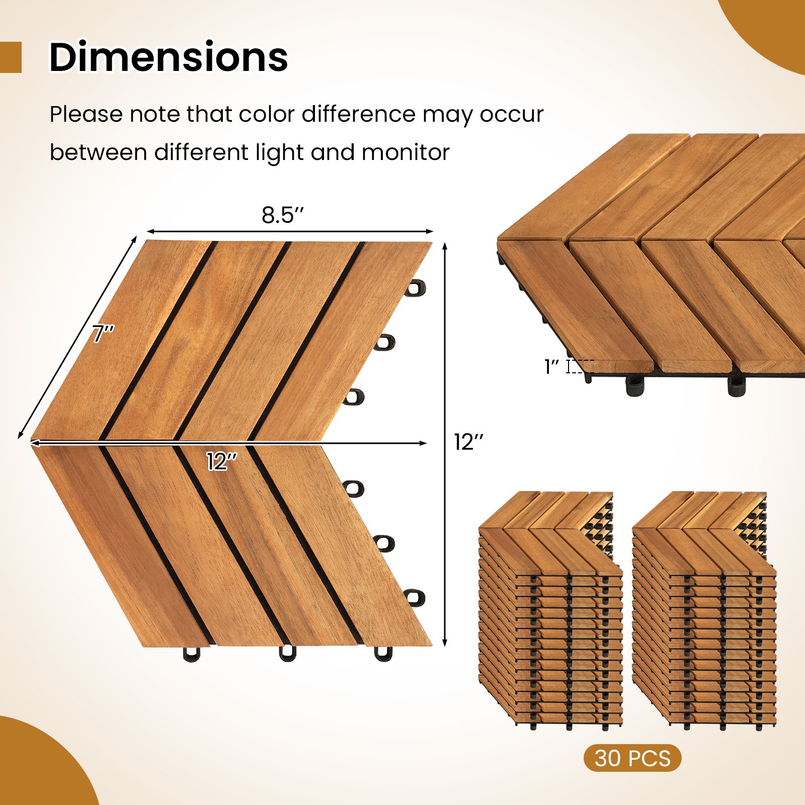 Acacia Wood Interlocking Deck Tiles 30 PCS Waterproof Flooring TilesNatural