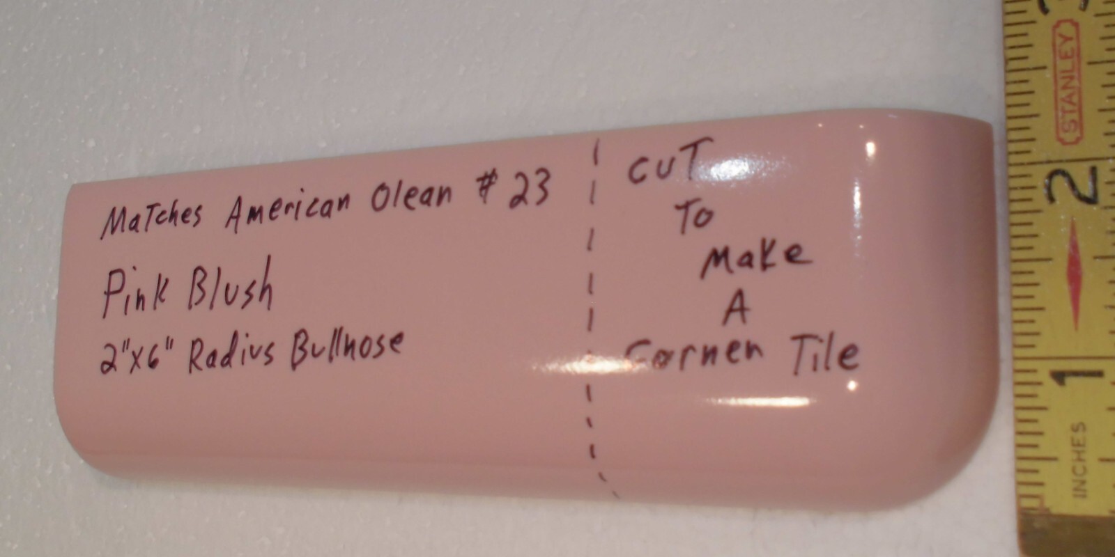 1 pc. Pink Blush Color: 2″ X 6″ Ceramic Radius Bullnose Corner Tile or 2″ X 2″