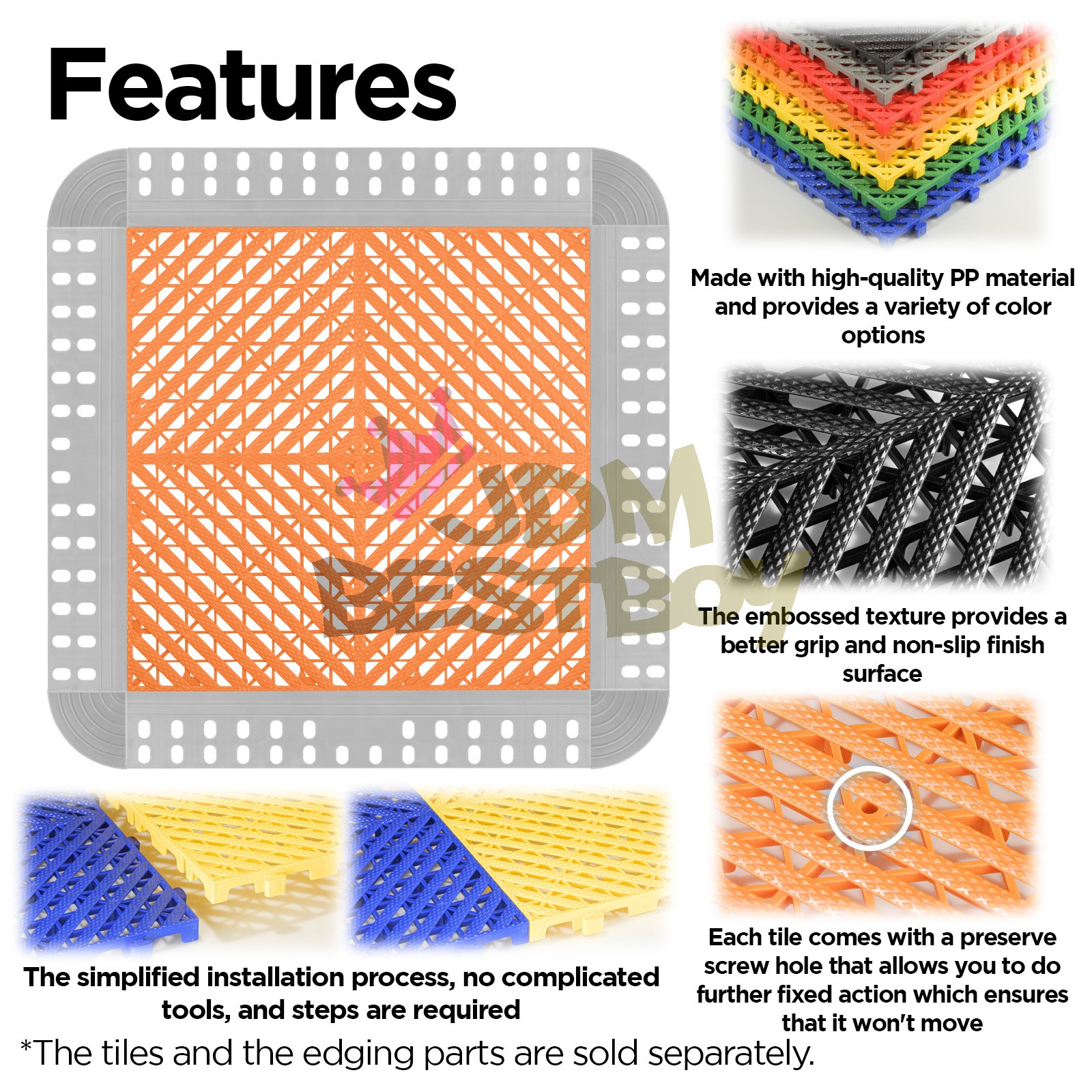 42pcs 16″x16″ Orange Garage Floor Mat Perforated Flooring Tile Shop Interlocking