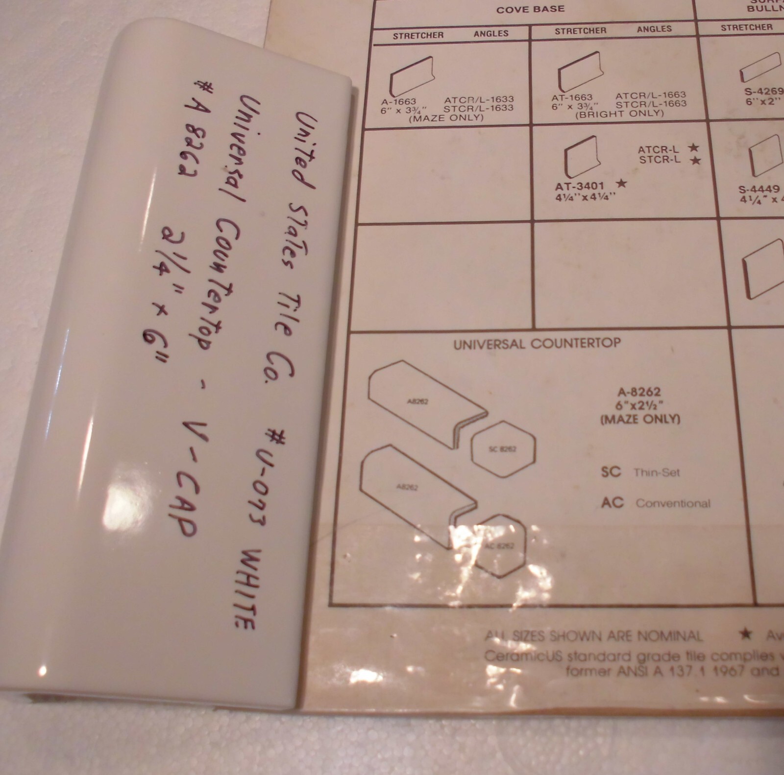 1 pc. Gloss White #U-073: V-Cap Ceramic Trim Countertop Tile: Reversable, U.S.A.