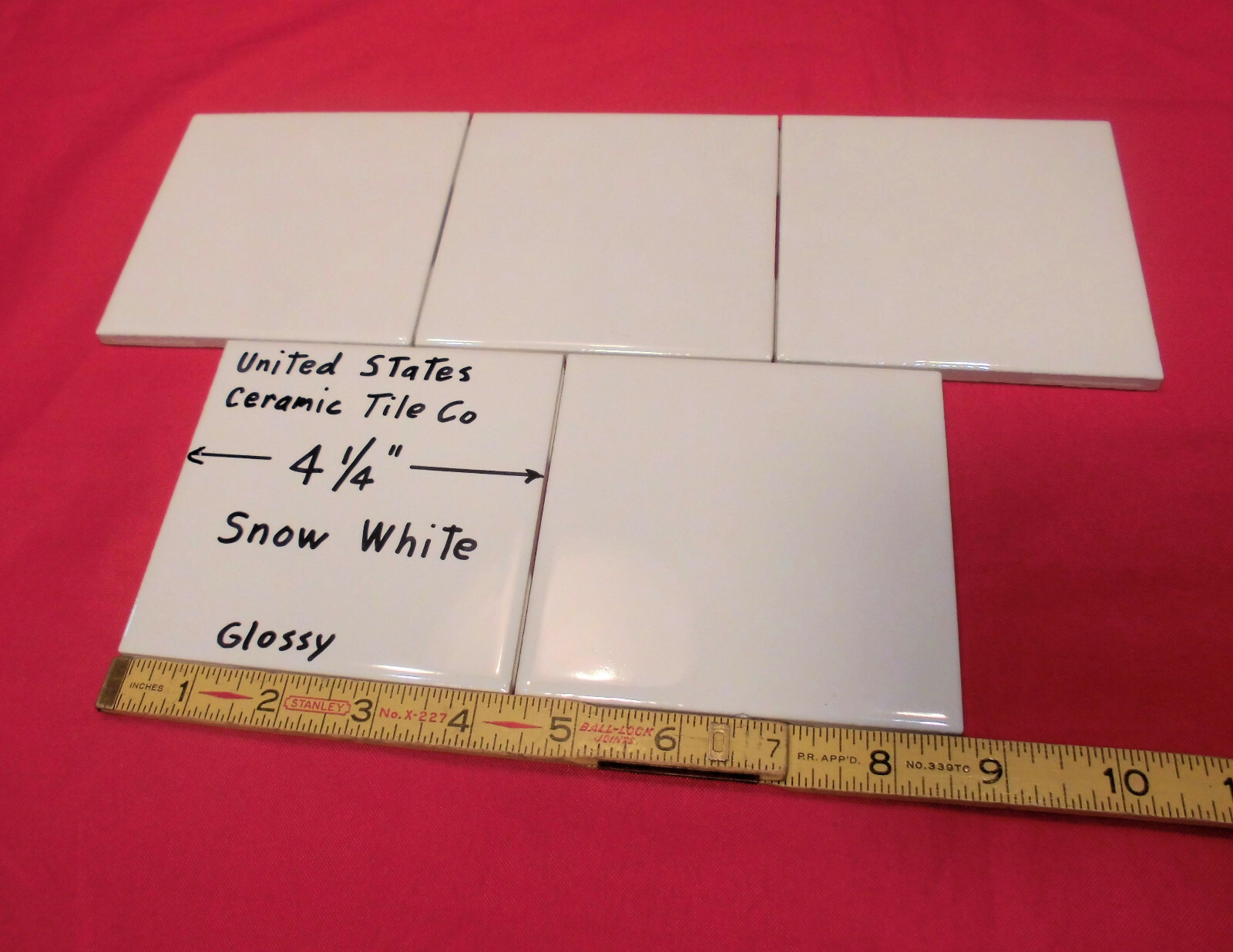 5 pack: Glossy Ceramic Tiles *Snow White* 4-1/4″ From the 1990’s Made in U.S.A.