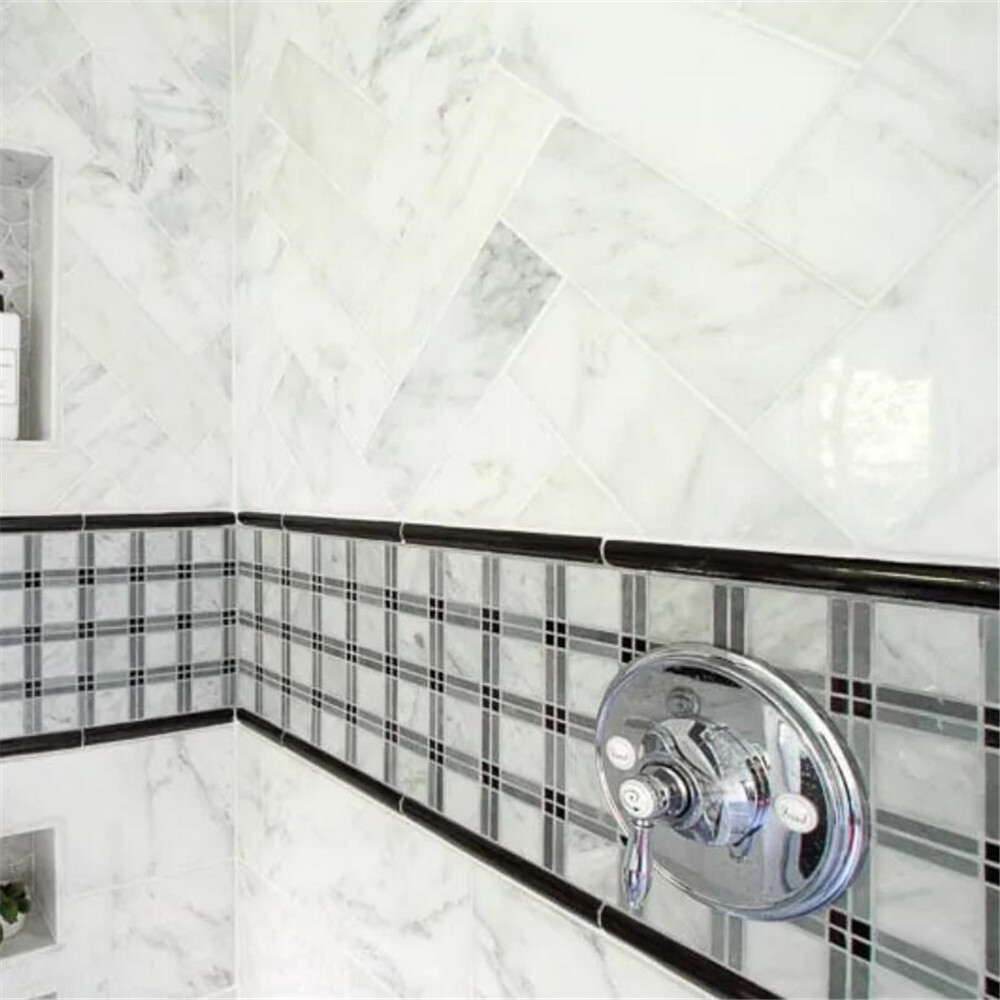 C261XP Carrara White Gray Black Marble Plaid Tartan Gingham Tile Polished