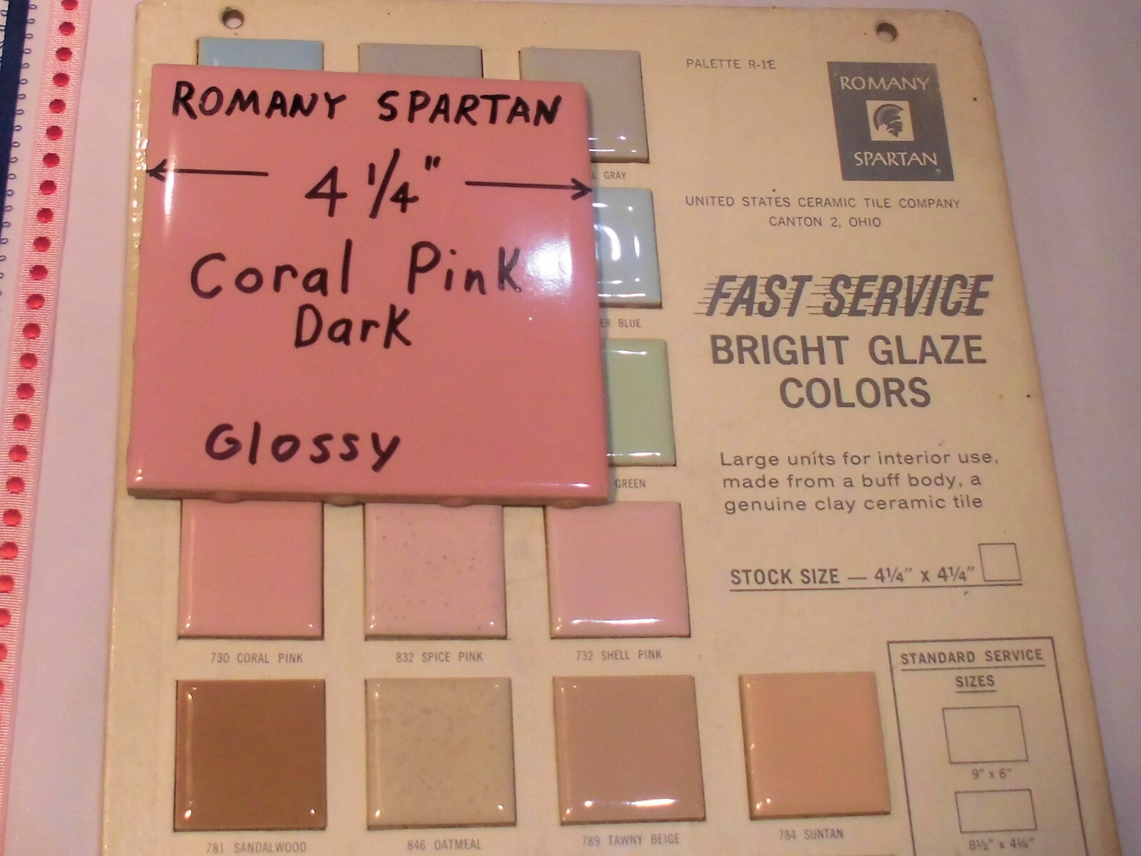 1pc. *Dark Coral Pink* 4-1/4″ Glossy Ceramic Tile; Romany Co. made 1940’s