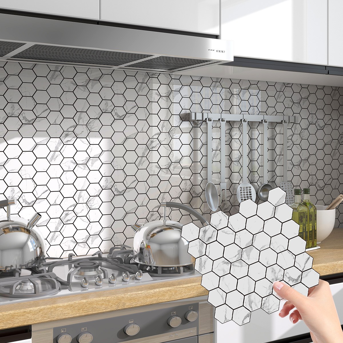 40PCS Peel and Stick Backsplash Kitchen, Self-Adhesive Tile Hexagon Mosaic Tile