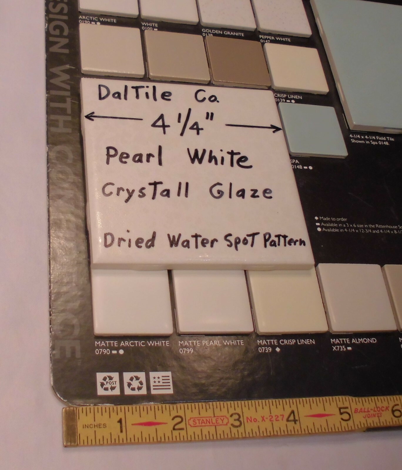 1 pc. *Pearl White* Ceramic Tile by Daltile 4-1/4″ Crystall Glaze, New 1990’s