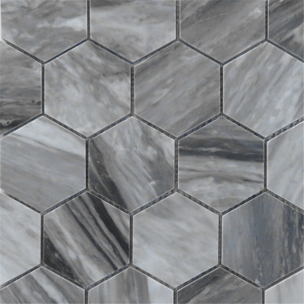 K33XP Bardiglio Gray Dark Grey Marble 3 inch Hexagon Mosaic Tile Polished