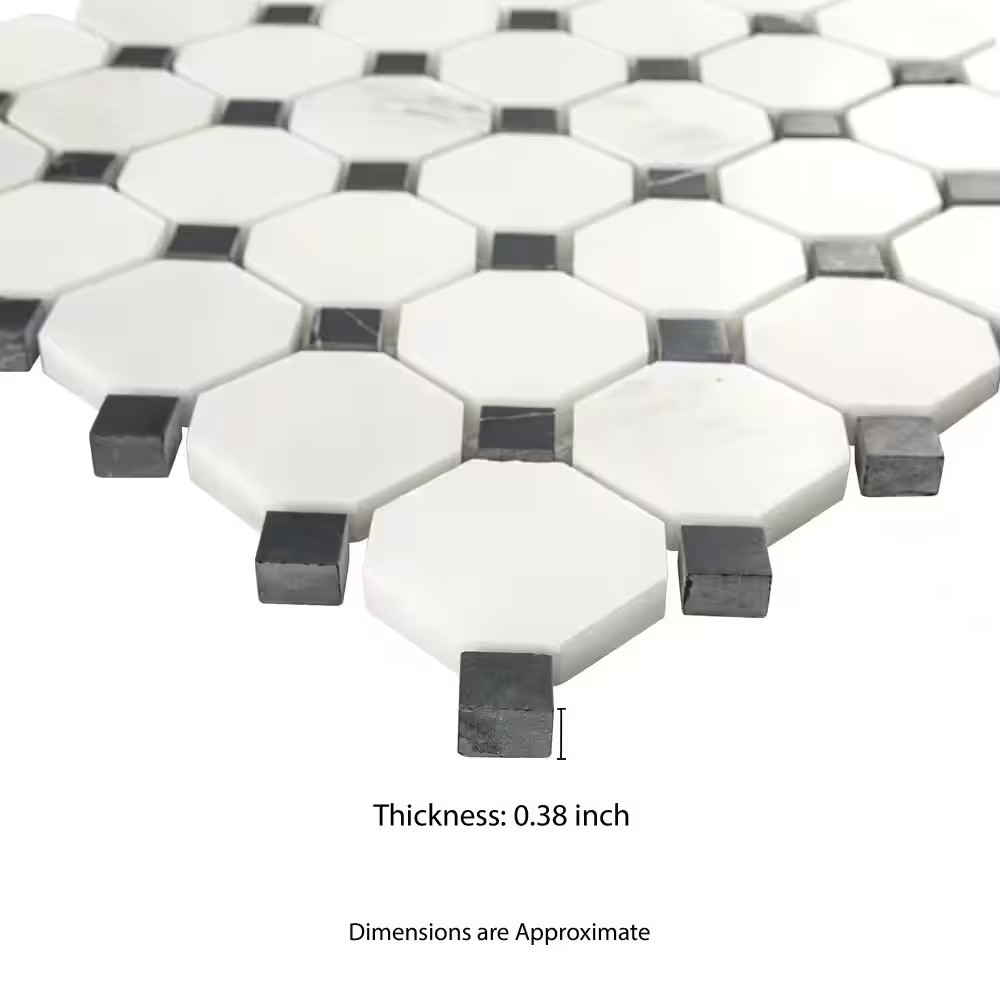 Greecian White 12X12X0.38 In. Honed Marble Octagon Mosaic White Marble and Black