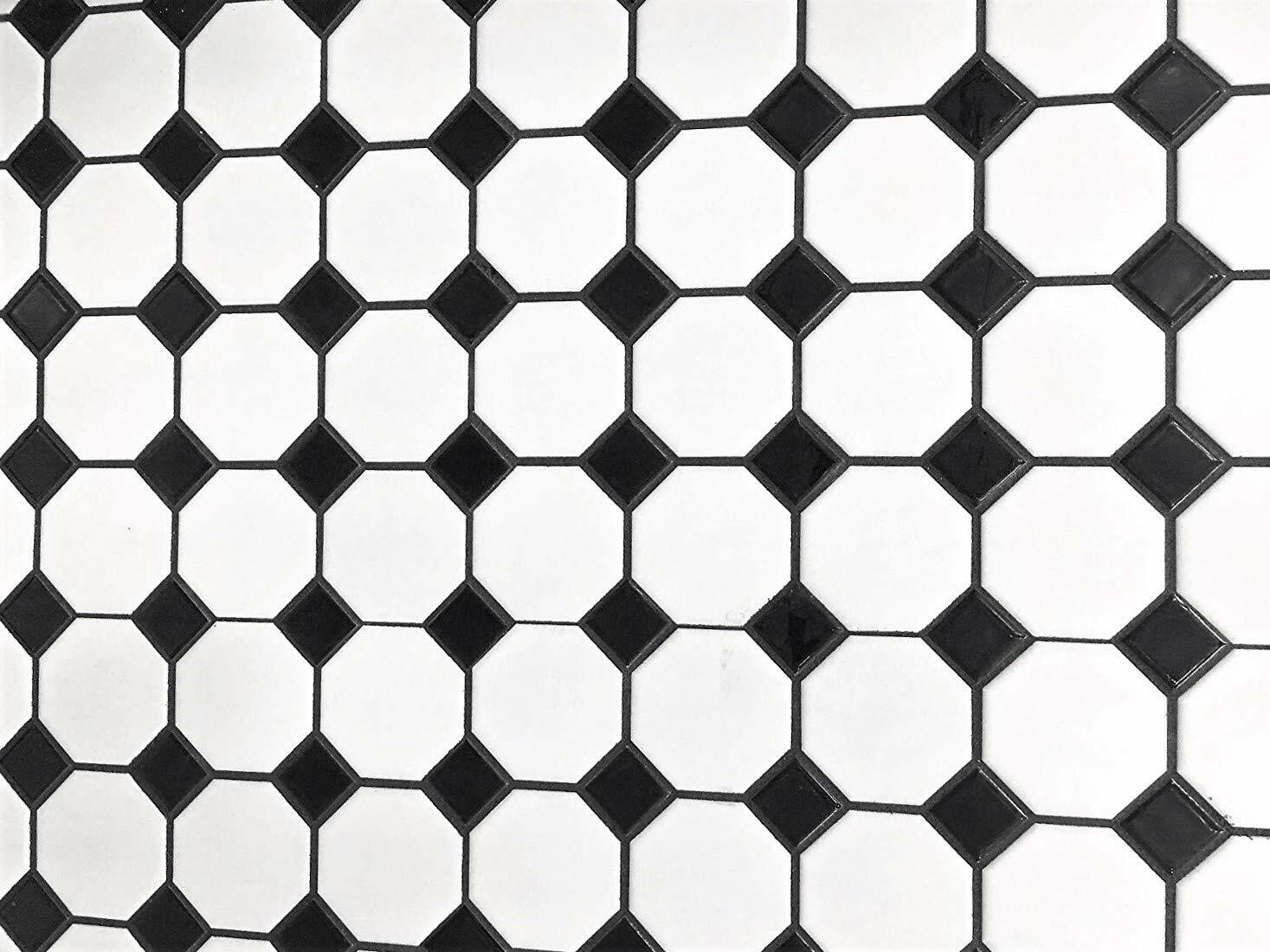 White and Black Mixed Octagon Porcelain Mosaic Floor and Wall Backsplash Tile