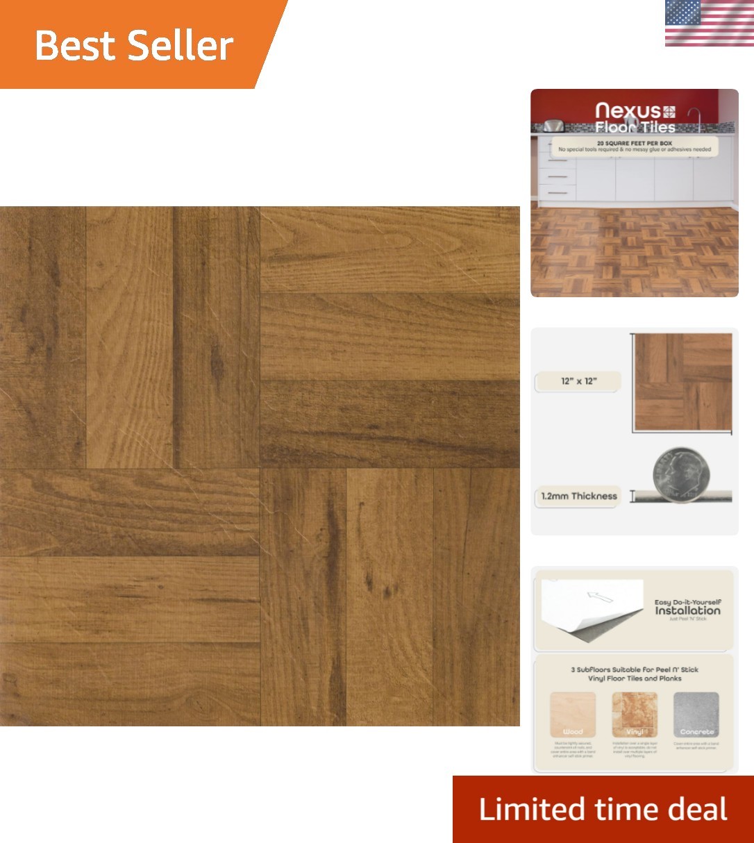 20 Nexus Vinyl Floor Tiles, 12″x12″, 3 Finger Oak for Effortless Home Beauty