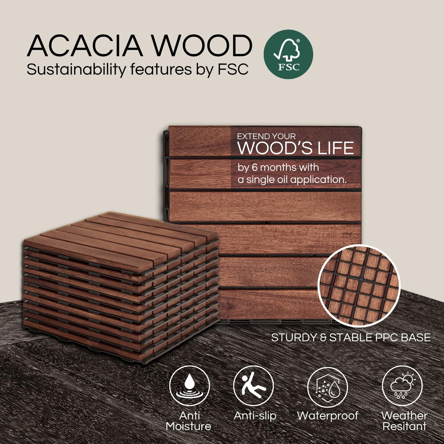 Interlocking Deck Tiles Acacia Wood 10 Pcs 12×12 Waterproof Patio Flooring Balco