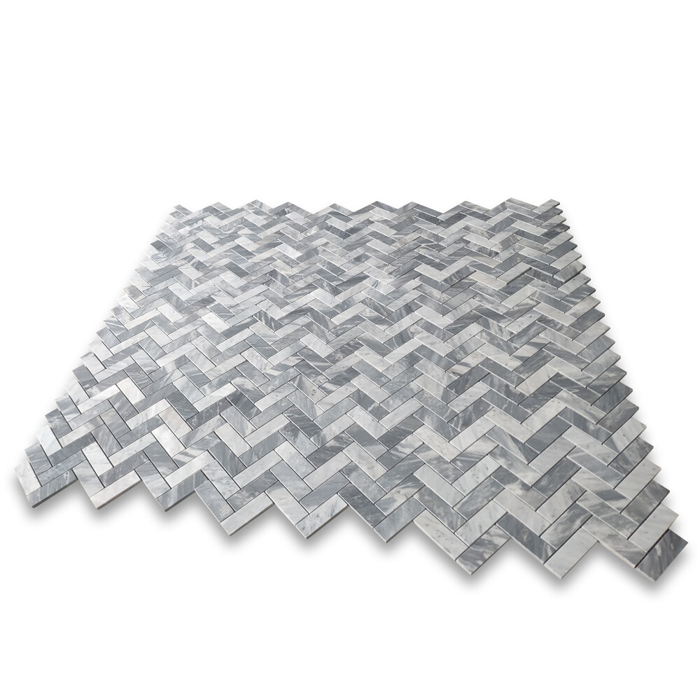 K72XH Bardiglio Gray Dark Grey Marble 1×3 Herringbone Mosaic Tile Honed