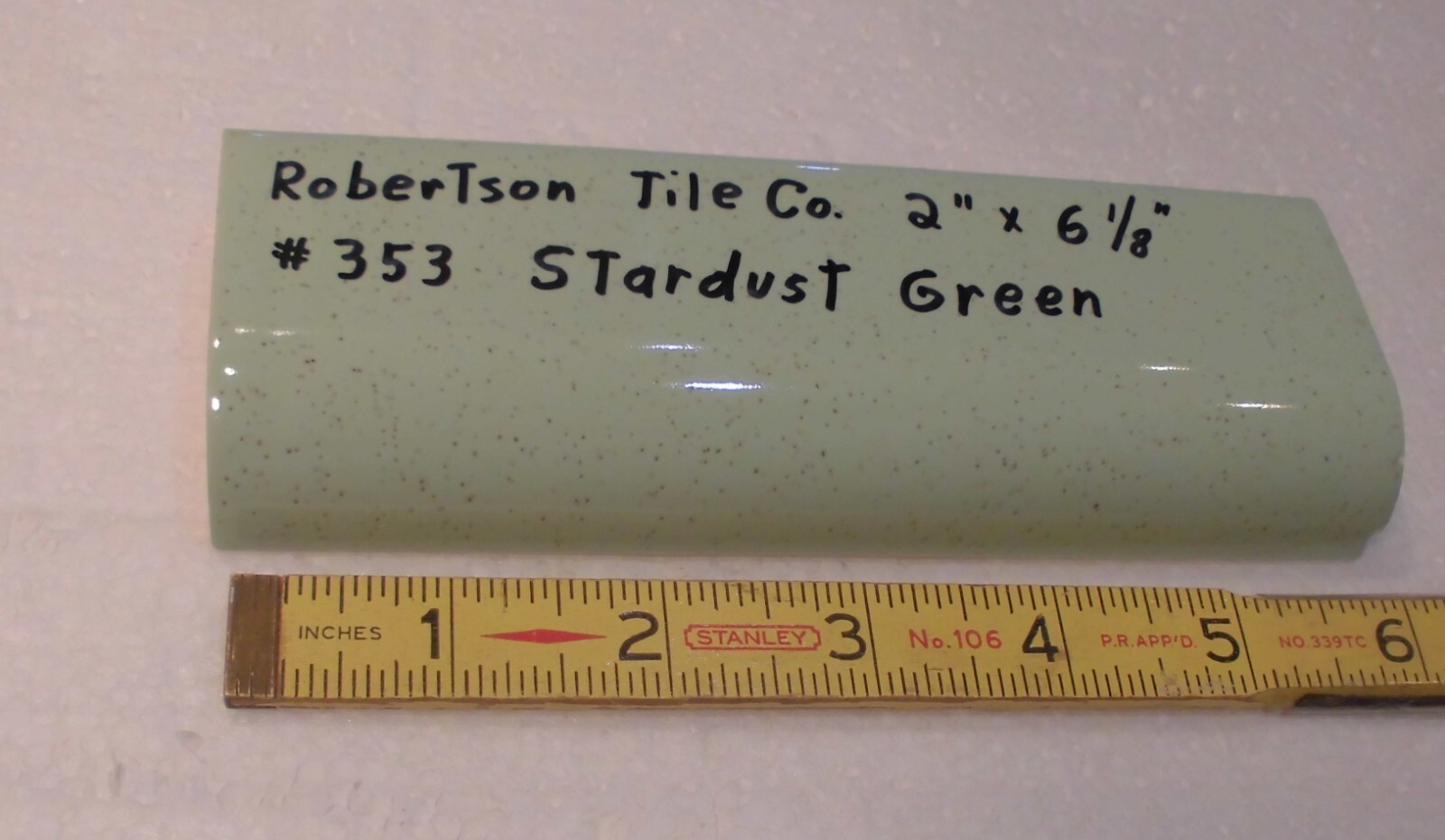 1 pc. Stardust Green: Ceramic Tile; 2″ X 6-1/8″ Radius Bullnose by Robertson Co.