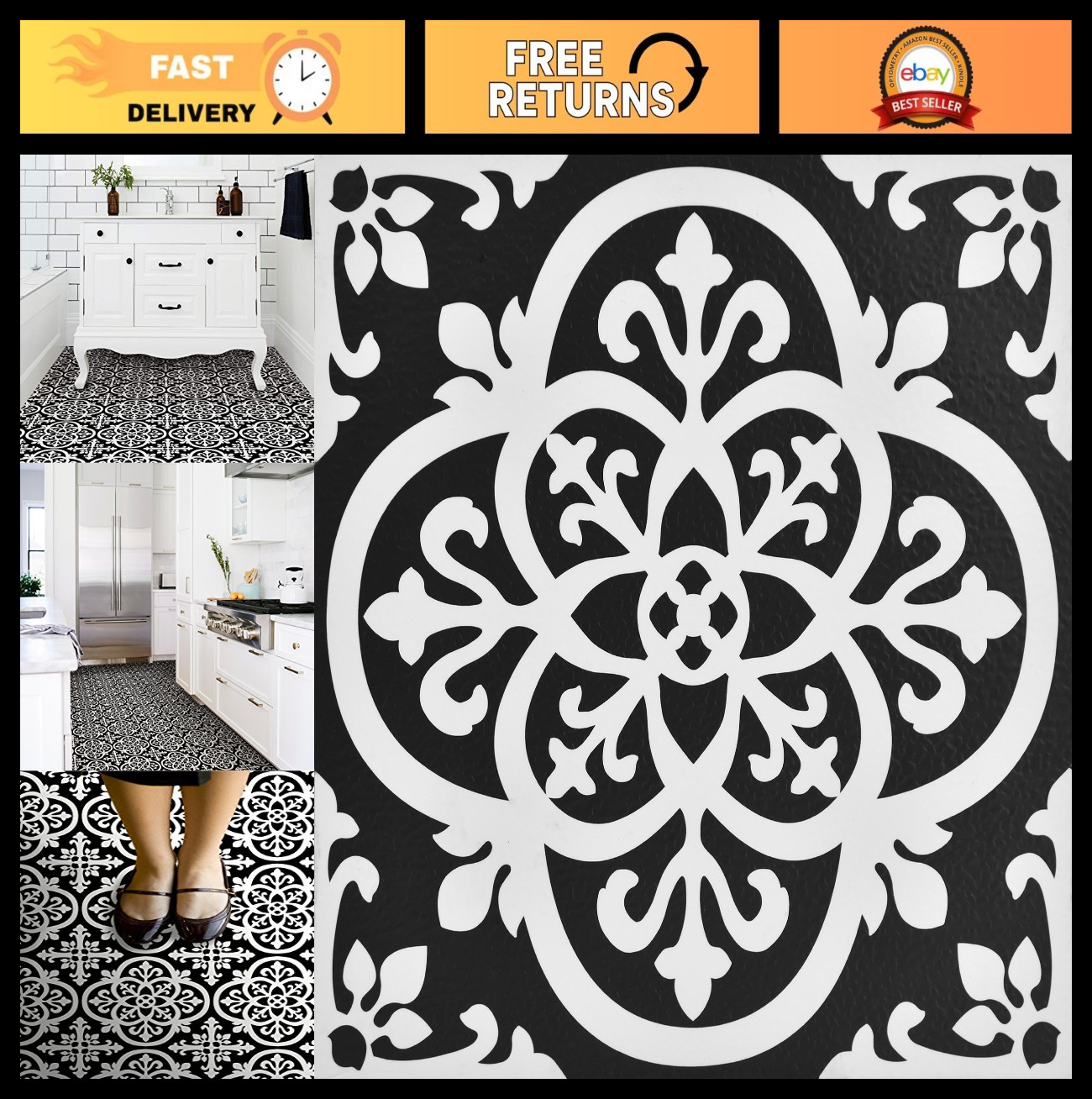 Gothic Black Peel & Stick Floor Tiles – Easy DIY Flooring, Waterproof, Removable
