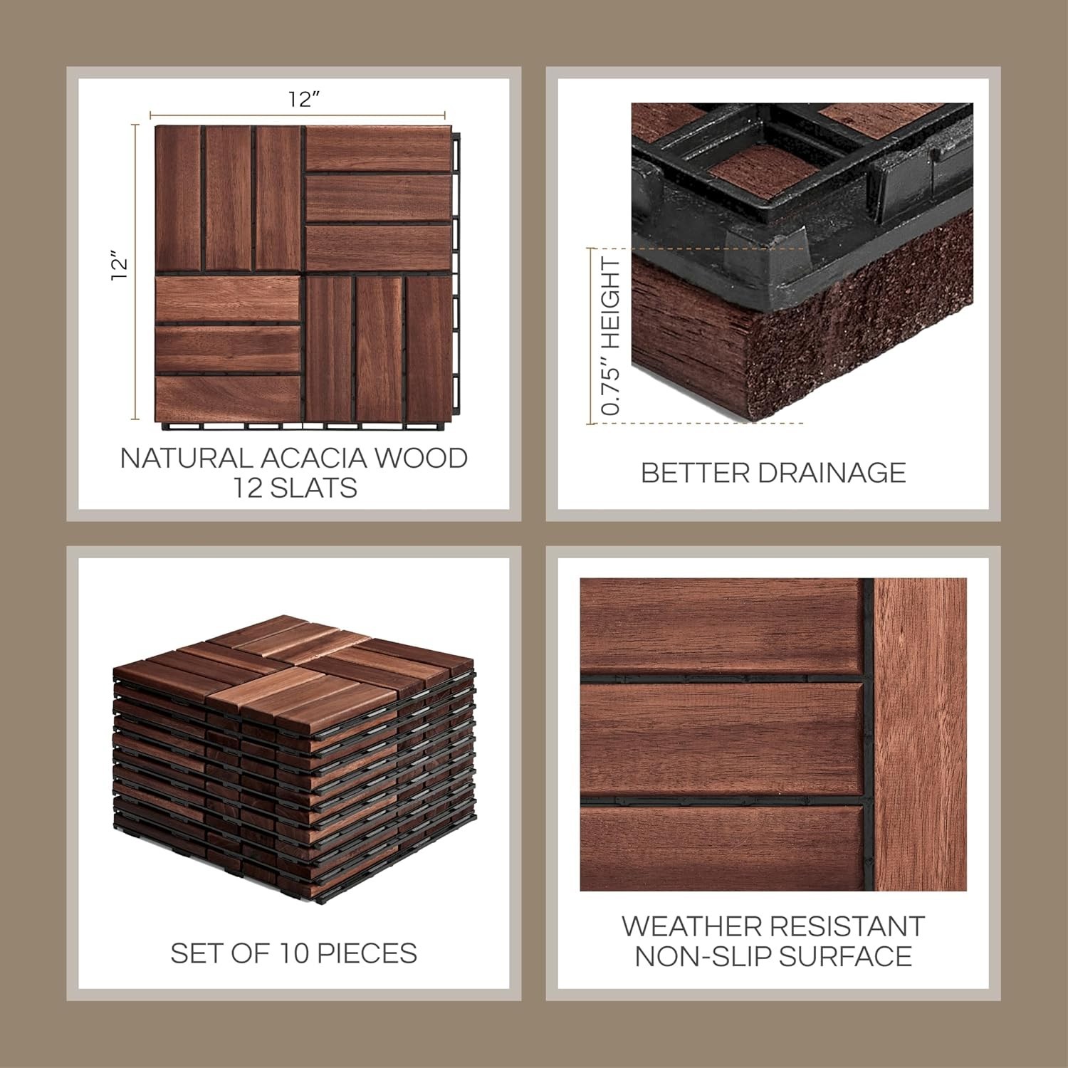Elegant Outdoor Acacia Wood Deck Tiles – Waterproof Set of 10 for All Weather