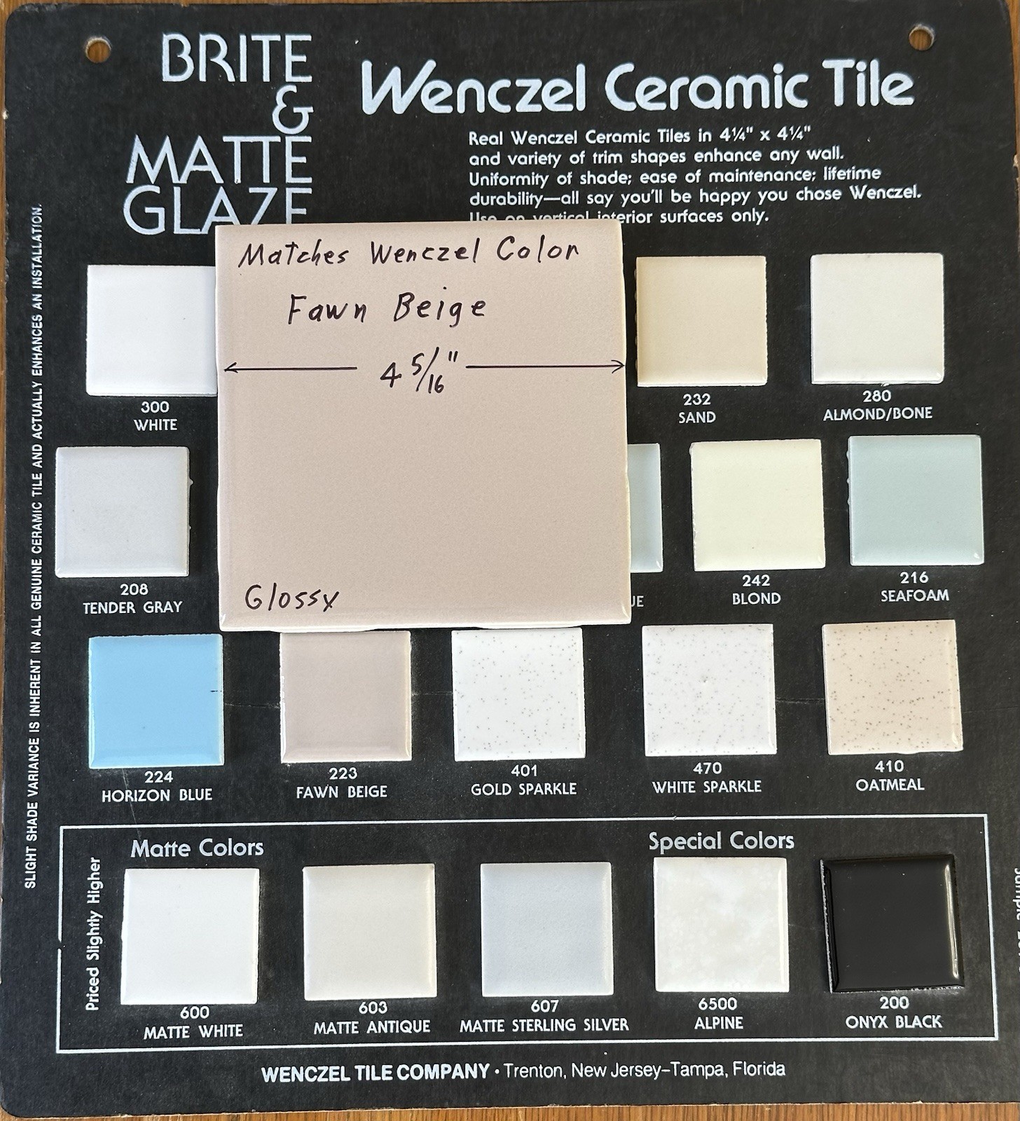 1 pc. Fawn Beige: 4-5/16″ Glossy Ceramic Tile, matches Wenczel Color #223, NOS