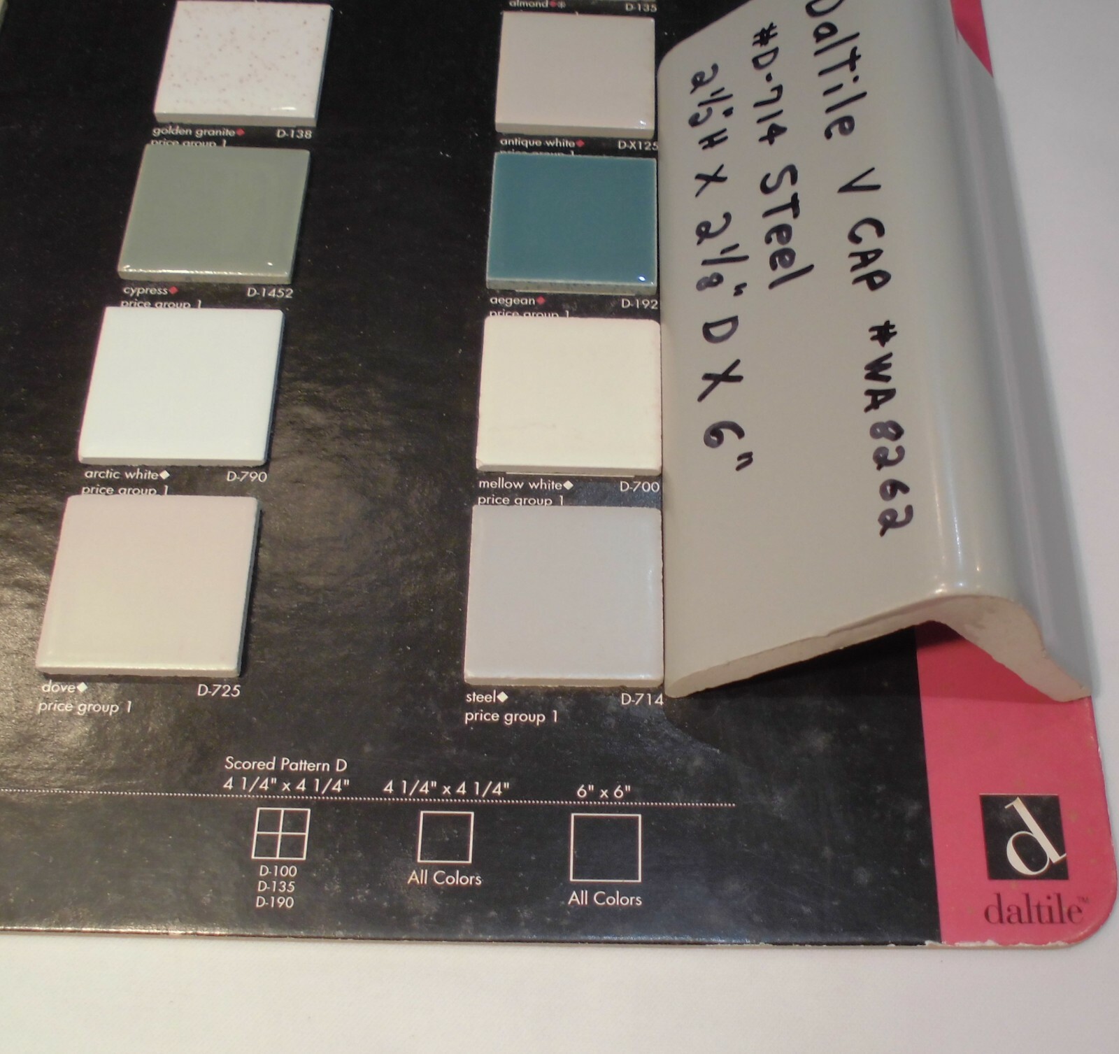 1 pc. Daltile *Matte Gray – Steel* V Cap Ceramic Trim Tile; Counter Top Edging