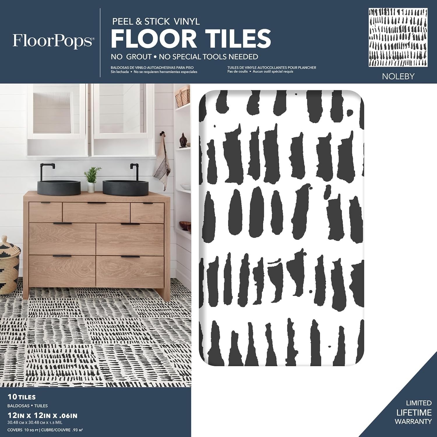 Water-Resistant Peel and Stick Floor Tiles, Black Brushstroke, 12×12 Inches Each
