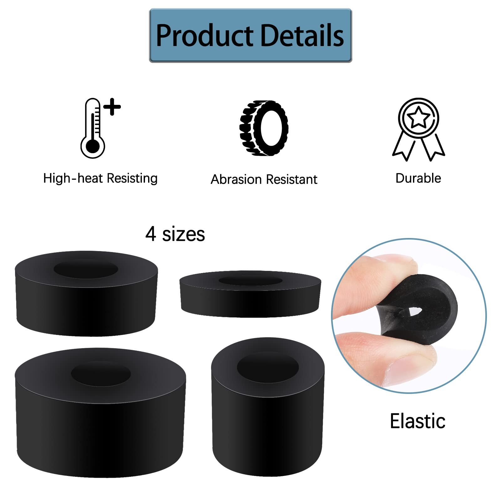 20 Pack Thick Rubber Washers – Round & Flat Spacers, 4 Sizes, Black