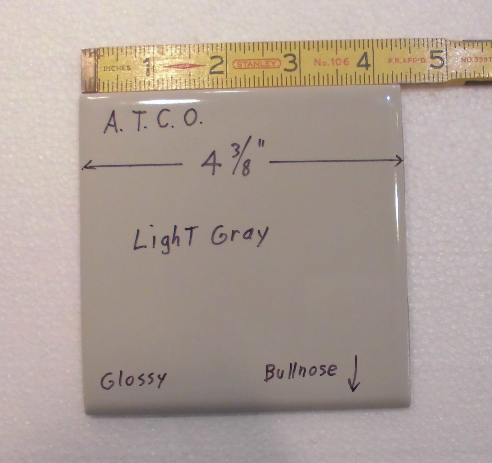 1 pc. Light Gray: 4-3/8″ Glossy Ceramic Bullnose Tile by A.T.C.O. , Pearl Gray