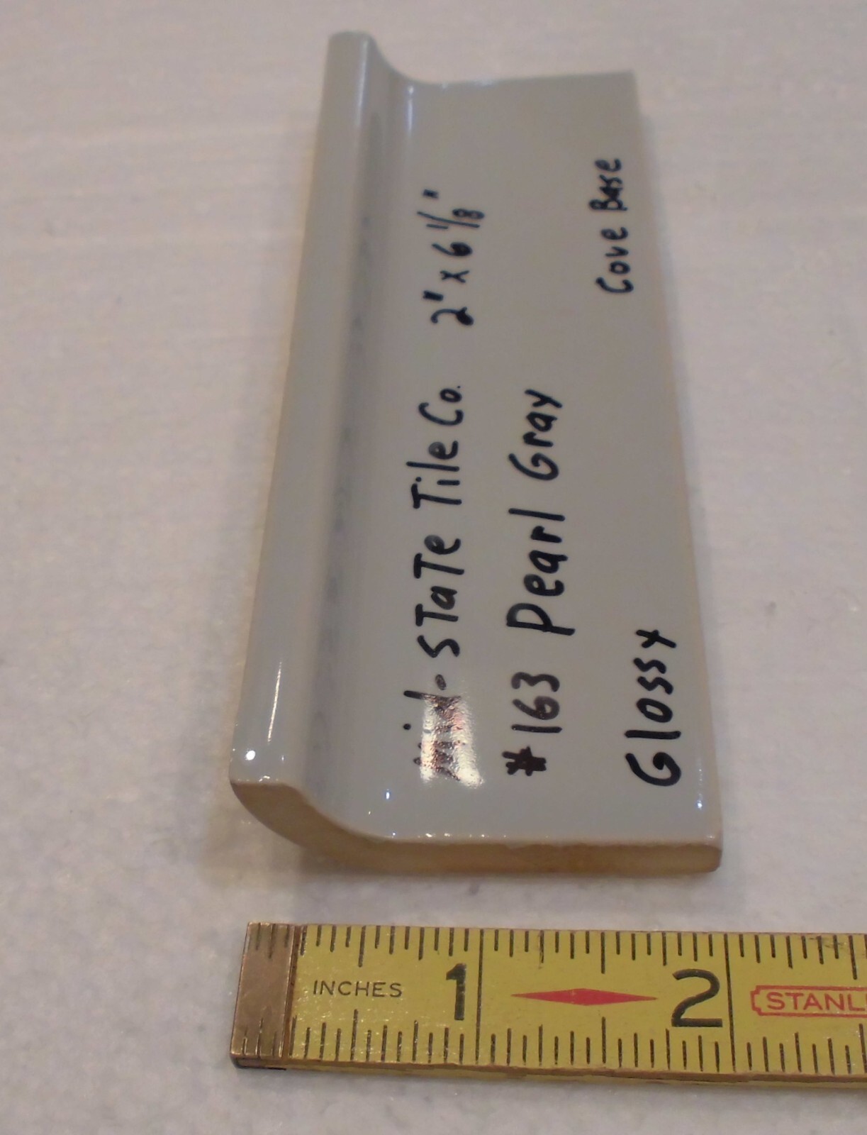 1 pc. Pearl Gray: 2” X 6-1/8” Glossy Ceramic Cove Base Tile, Flat Top, NOS