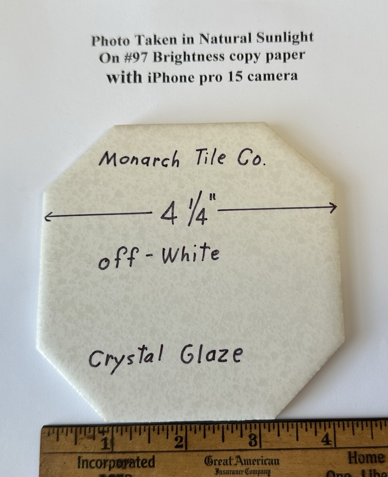 1 pc. Off-White Octagon Ceramic Tile: 4-1/4″ Crystal Glazed by Monarch Co. NEW