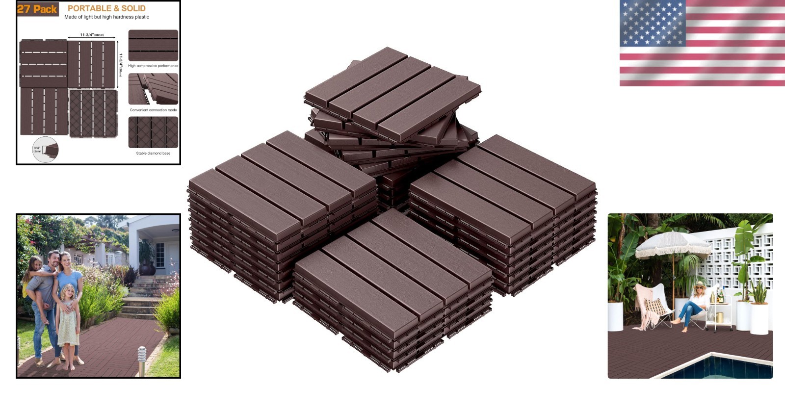 Waterproof Outdoor Decking Tiles, Dark Brown