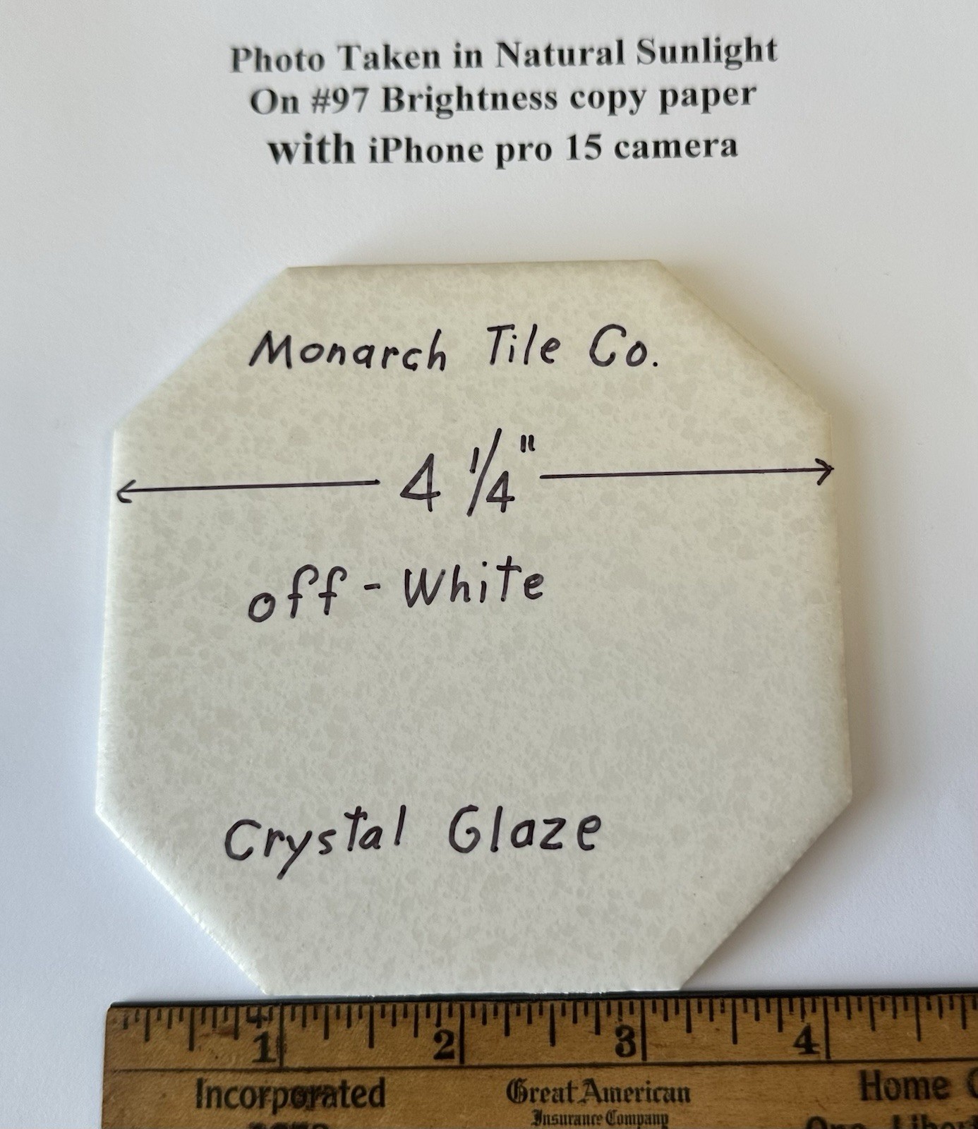 1 pc. Off-White Octagon Ceramic Tile: 4-1/4″ Crystal Glazed by Monarch Co. NEW