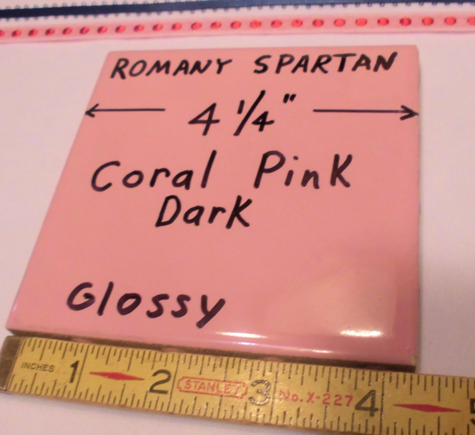 1pc. *Dark Coral Pink* 4-1/4″ Glossy Ceramic Tile; Romany Co. made 1940’s