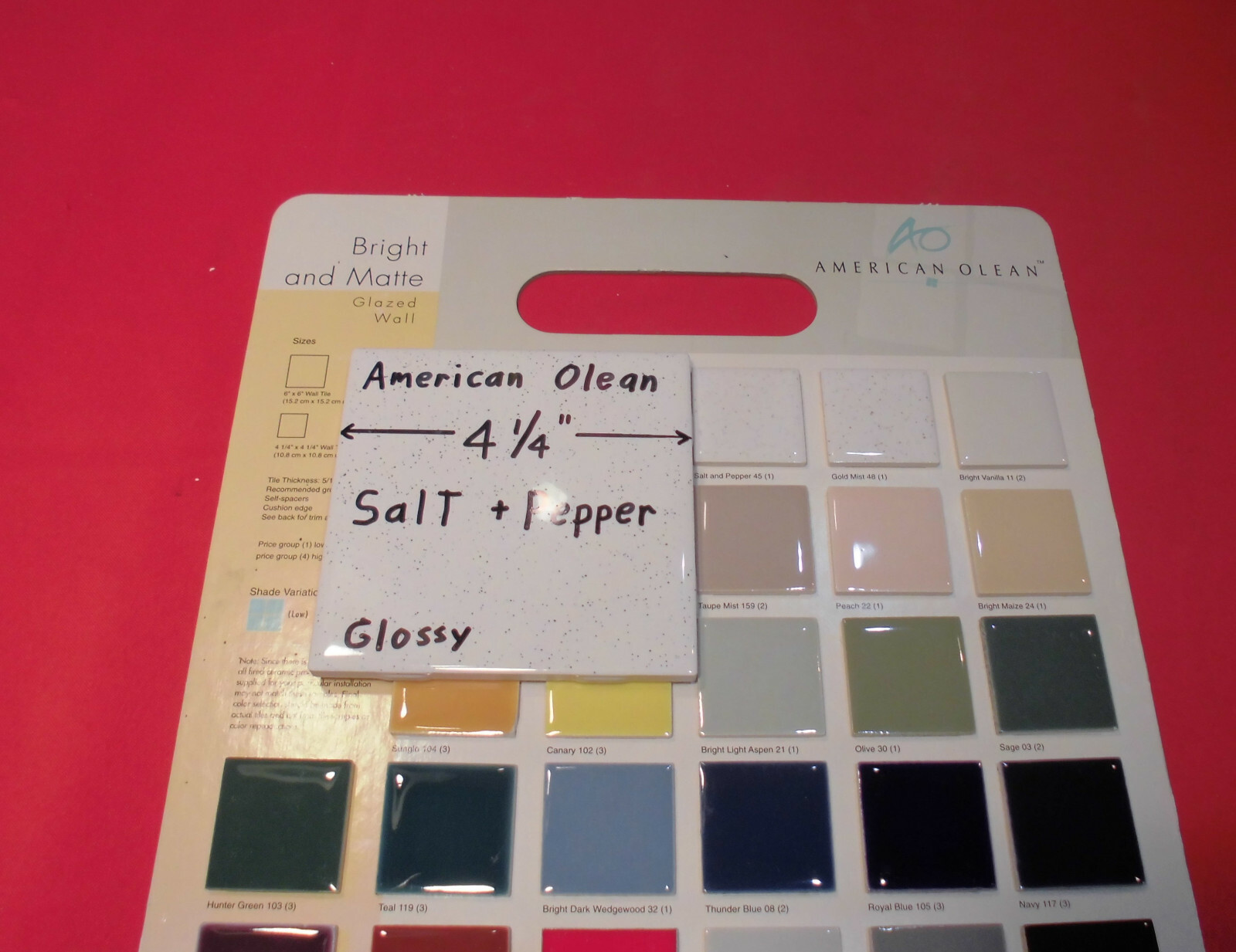 1 pc. Salt + Pepper Glossy Ceramic Tile by American Olean 4-1/4″ New Stock, Mint
