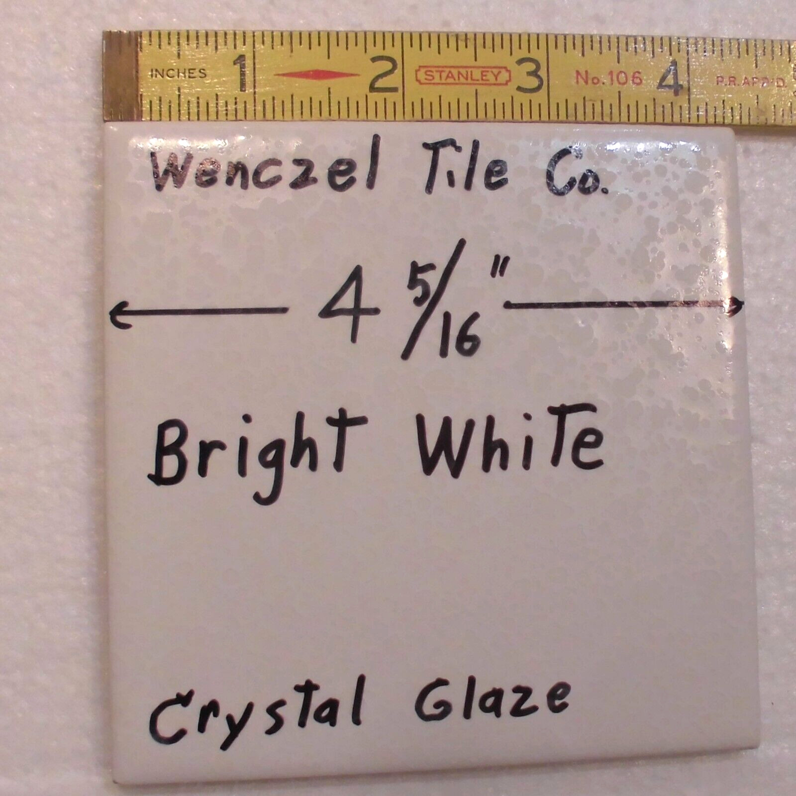 1 pc. White: Crystal Glaze; Ceramic Tile by Wenczel Co. 4-5/16″ made 1970’s 80’s