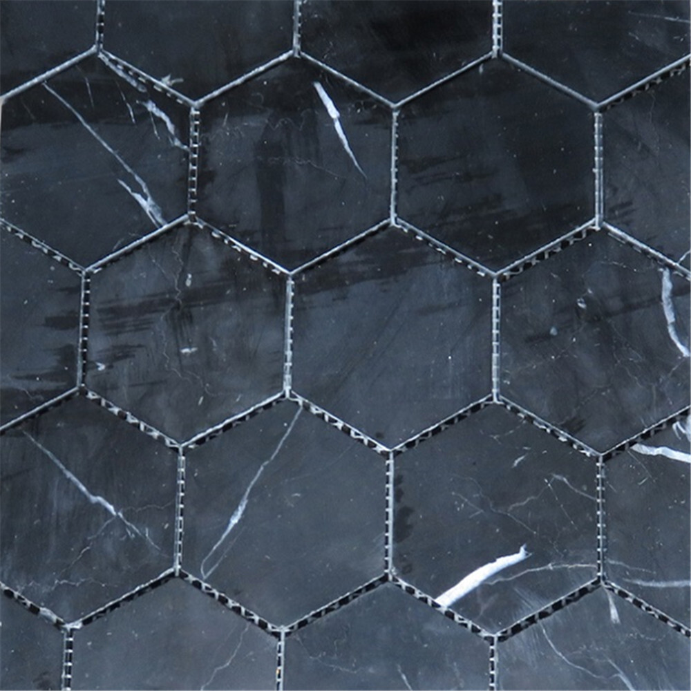 N33XP Nero Marquina Black Marble 3 inch Hexagon Mosaic Tile Polished