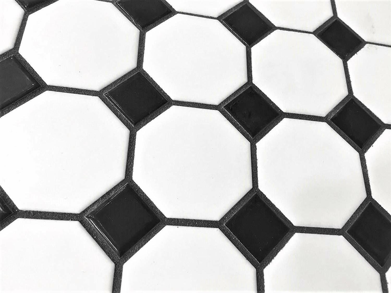 White and Black Mixed Octagon Porcelain Mosaic Floor and Wall Backsplash Tile