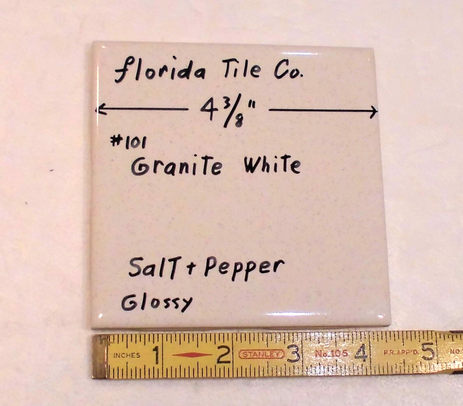 1 pc. Salt + Pepper / Granite White: 4-3/8″ Glossy Ceramic Tile by Florida Co.