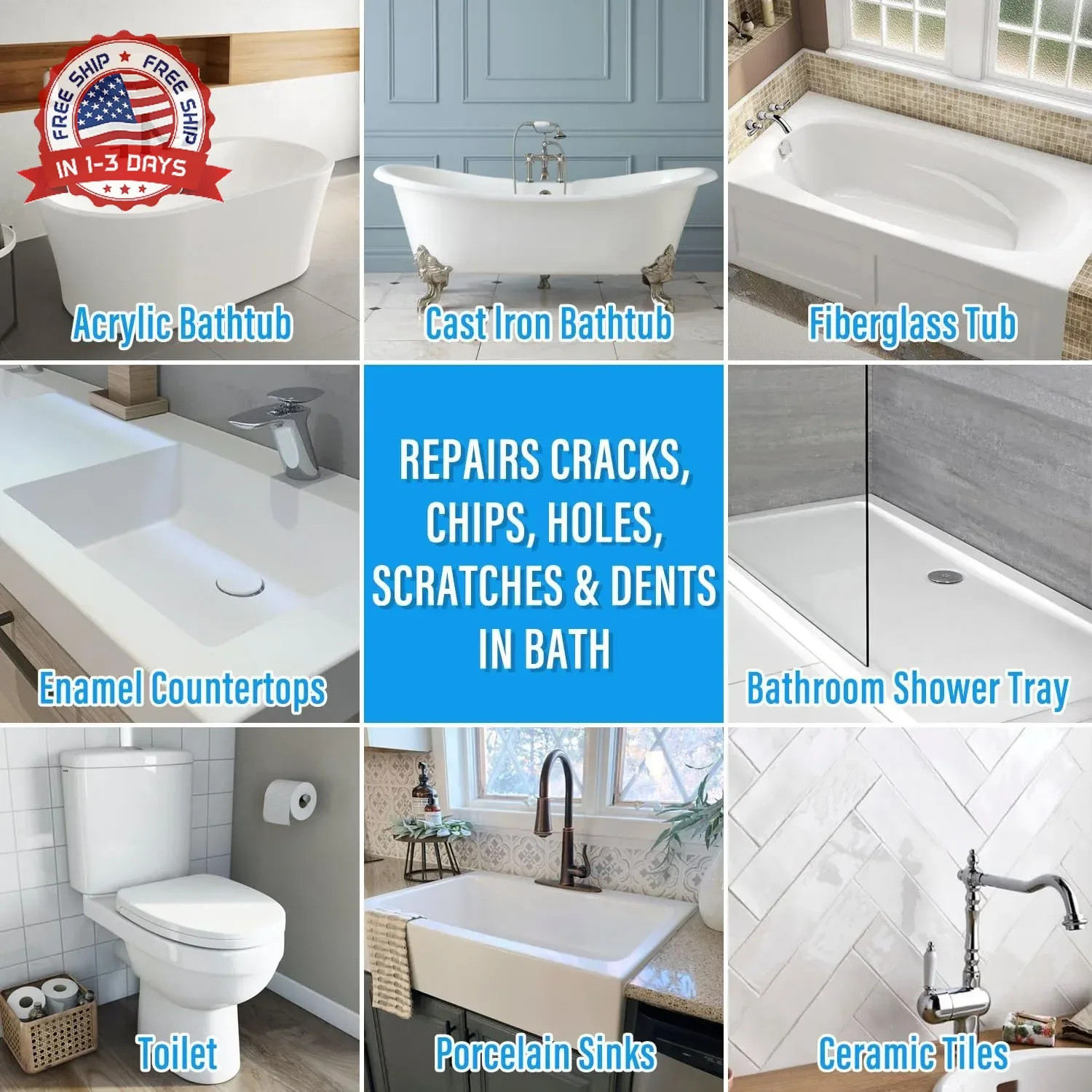 Tub Repair Kit White, Tub Chip and Bathtub Repair Kit for Enamel, Fiberglass, Ac